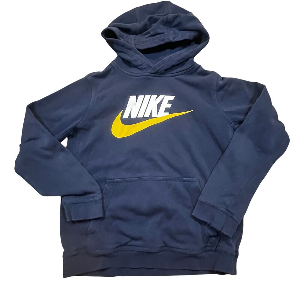 Nike Hoodie Youth Boy L Blue Yellow Swoosh Pullover Pocket Sweatshirt Kids